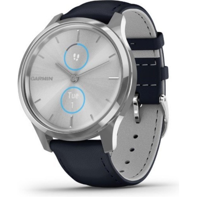 Часы GARMIN VIVOMOVE LUXE серебристый с итальянским кожаным темно-синим ремешком 010-02241-20